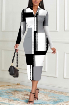 Geometric Print Zipper Grey Long Sleeve Bodycon Dress