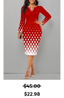 Geometric Print Split Christmas Red Long Sleeve Dress