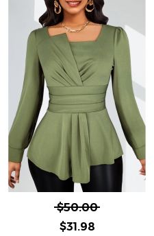Ruched Sage Green Long Sleeve Asymmetrical Neck Blouse