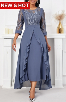 Dusty Blue High Low Round Neck Embroidery Dress