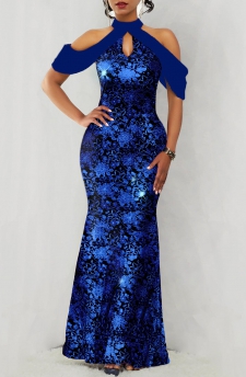 Floral Print Hot Stamping Sapphire Blue Maxi Dress