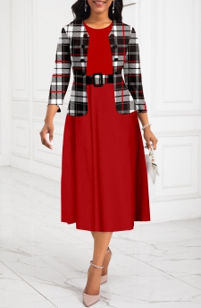 Plaid Two-Piece Belted Red Round Neck Dress and Cardigan