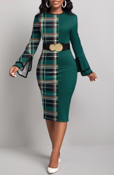 Plaid Patchwork Green Round Neck Bodycon Dress