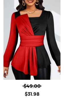 Asymmetry Red Long Sleeve Square Neck Blouse