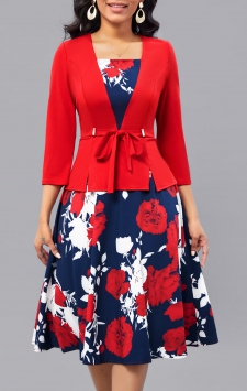 Floral Print Fake 2in1 Belted Red Square Neck Dress