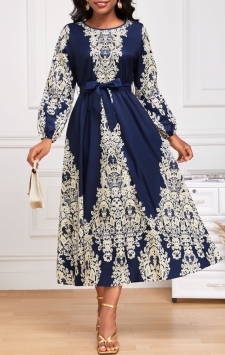 Tribal Print Tie Belted Navy Long Sleeve Dress