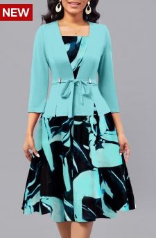 Floral Print Fake 2in1 Mint Green 3/4 Sleeve Dress