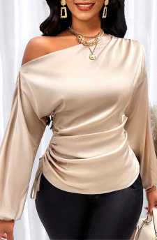 Asymmetry Champagne 3/4 Sleeve Asymmetrical Neck Blouse