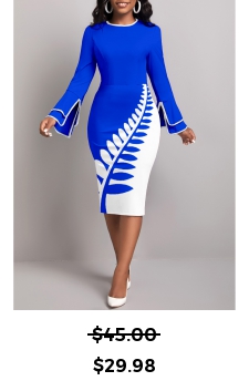 Leaf Print Patchwork Royal Blue Bodycon Dress