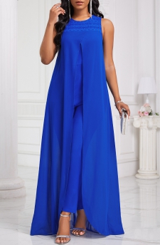 Patchwork Royal Blue Ankle Length Round Neck Jumpsuit
