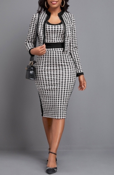 Plaid Split Black Long Sleeve Top and Skirt