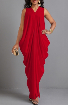 Red O Shape V Neck Split Maxi Dress