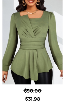 Ruched Sage Green Long Sleeve Asymmetrical Neck Blouse
