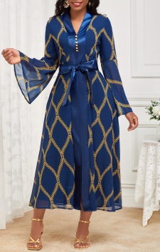 Tribal Print Patchwork Belted Navy New Year Dress