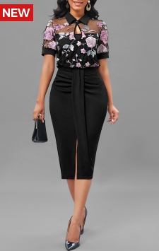 Embroidery Black Short Sleeve Turn Down Collar Bodycon Dress