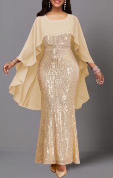 Sequin Beige Three Quarter Length Sleeve Dress