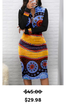 Tribal Print Patchwork Black Long Sleeve Bodycon Dress