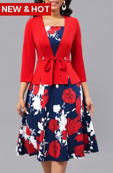 Floral Print Fake 2in1 Belted Red Square Neck Dress