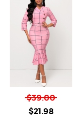 Pink Belted Plaid Button Mermaid Dress