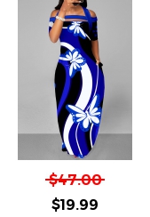 Butterfly Print Double Side Pockets Royal Blue Dress