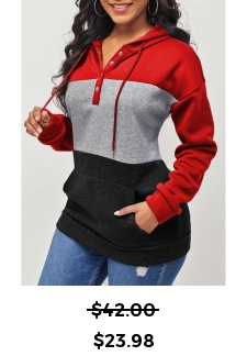 Contrast Kangaroo Pocket Drawstring Red Hoodie