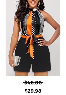 Striped Button Belted Black Short High Neck Romper