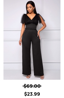 V Neck Black Mesh Stitching Jumpsuit