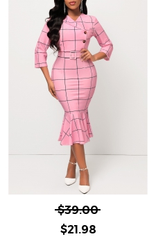 Pink Belted Plaid Button Mermaid Dress