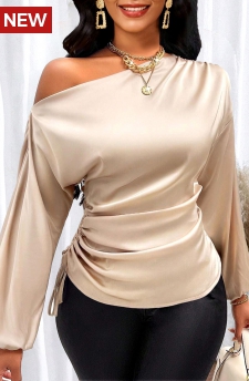 Asymmetry Champagne 3/4 Sleeve Asymmetrical Neck Blouse