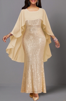 Sequin Beige Three Quarter Length Sleeve Dress