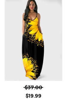 Spaghetti Strap Sunflower Print Side Pocket Maxi Dress