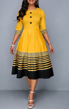 Striped Patchwork Yellow Half Sleeve Round Neck Dress