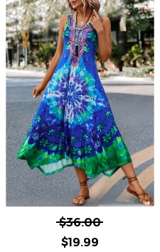 Tie Dye Print Asymmetry Blue H Shape Dress