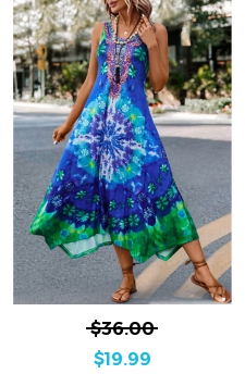 Tie Dye Print Asymmetry Blue H Shape Dress