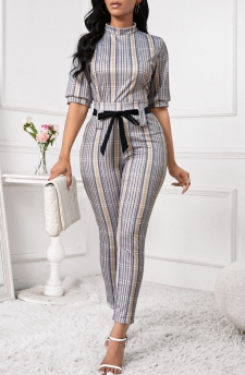 Plaid Tie Belted Light Coffee Skinny Top and Pants
