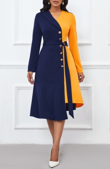 Asymmetry Belted Navy Long Sleeve V Neck Dress