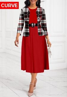 Plus Size Red Two Piece Plaid Belted Dress
