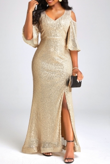 Sequin Golden V Neck Maxi Dress