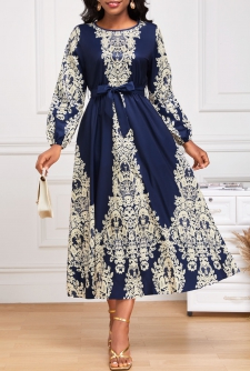 Tribal Print Tie Belted Navy Long Sleeve Dress