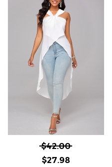 Cross Hem V Neck Sleeveless White Blouse