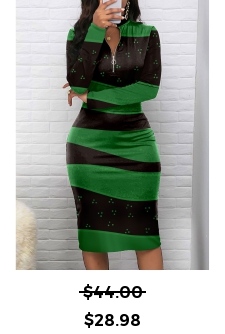 Geometric Print Zipper Green Long Sleeve Bodycon Dress