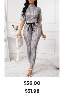 Plaid Tie Belted Light Coffee Skinny Top and Pants