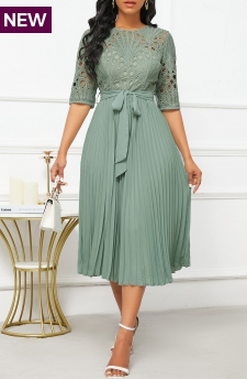 Patchwork Belted Sage Green Half Sleeve Round Neck Dress