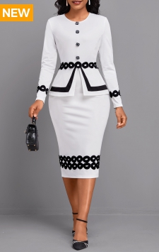 Fake 2in1 White Long Sleeve Round Neck Bodycon Dress