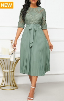 Patchwork Belted Sage Green Half Sleeve Round Neck Dress