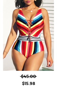 Striped Lace Up Wide Strap One Piece Swimwear