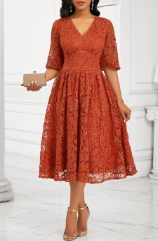 Lace Orange Half Sleeve V Neck Dress