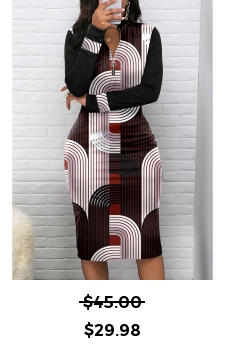 Geometric Print Zipper Black Long Sleeve Bodycon Dress