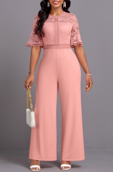 Lace Light Pink Long Round Neck Half Sleeve Jumpsuit