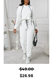 Patchwork White Ankle Length Hooded Jogger Top and Pants